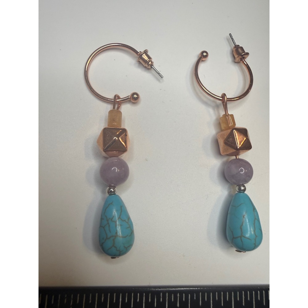 Rose Gold Tone Multi Bead‎ Drop Hoop Earrings Turquoise Lavender Southwestern